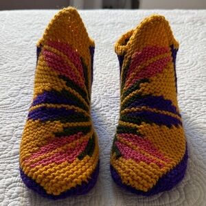 Hand-Knit Mustard Yellow Slipper Socks with Pink & Purple Leaf Design